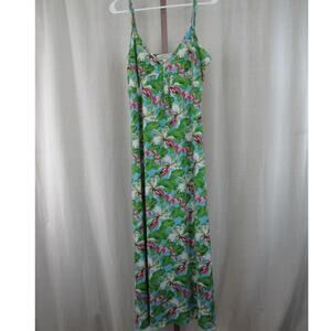 Pineapple Moon Medium Green Blue Hawaiian Tank Maxi Dress Floral Palm Leaves